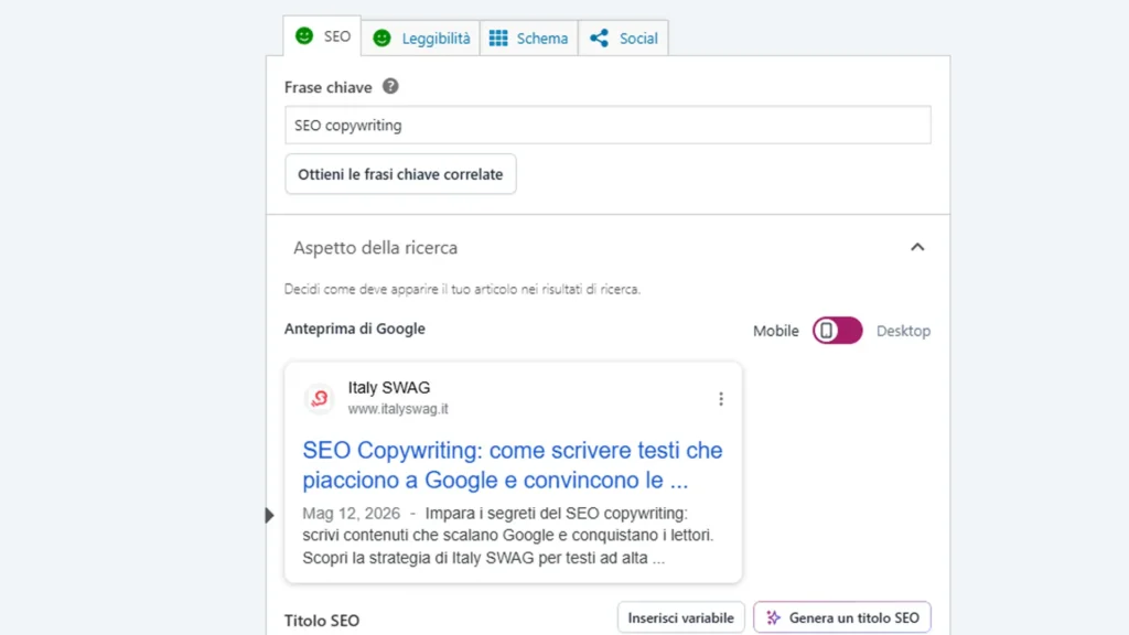 Processo creativo di SEO copywriting e ottimizzazione testi per il web realizzato da Italy SWAG